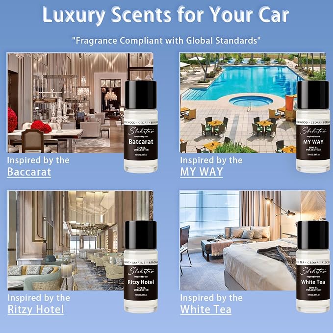 Waterless Car Diffuser Kit with 4 Fragrance Oils – Luxury Hotel Inspired Aromatherapy Air Freshener for Car, Vehicle, Office & Small Spaces (Black, Hotel Fragrance)