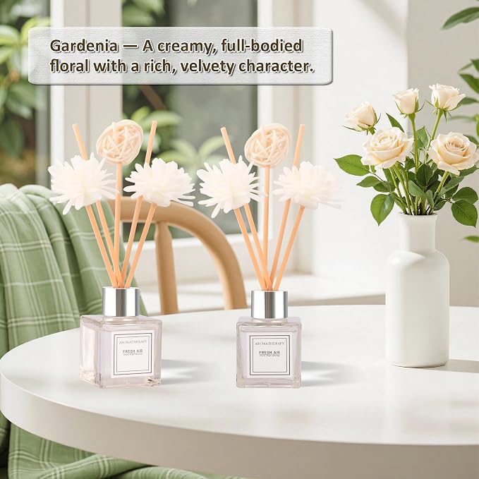 Reed Diffuser Set of 2, Gardenia Scent Oil Diffuser with Sticks for Home Fragrance, Office Living Bedroom Decor, Bathroom Decor and Accessories, Air Fresheners Gift Set, 1.7 fl oz/50ml x 2