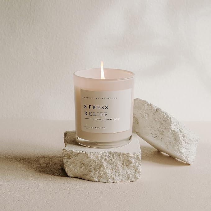 Sweet Water Decor Candles | Spa Scented Soy Wax Candle for Home | 11oz Jar Candle with Wood Lid, 50+ Hour Burn Time, Made in the USA (Stress Relief, White - 11 oz)