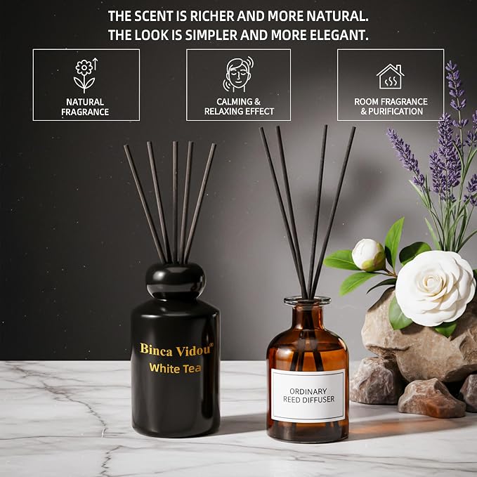 Reed Diffuser Set, Binca Vidou Lavender & White Tea Natural Scent Oil Diffusers with Sticks for Home Office Bathroom Aromatherapy Decor Black&White Series 3.38oz x 2