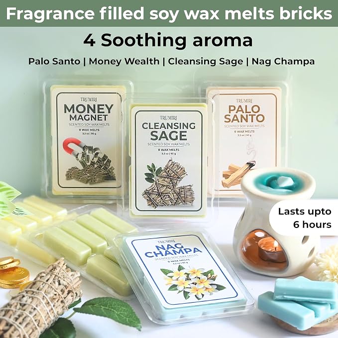 Scented Wax Melts Variety Pack Palo Santo|Cleansing Sage|Money Wealth|Nag Champa - Made With Non Toxic Soy Wax And Essential Oils - Long Lasting Strong Scent Pet Safe Candle Wax Cubes For Warmers