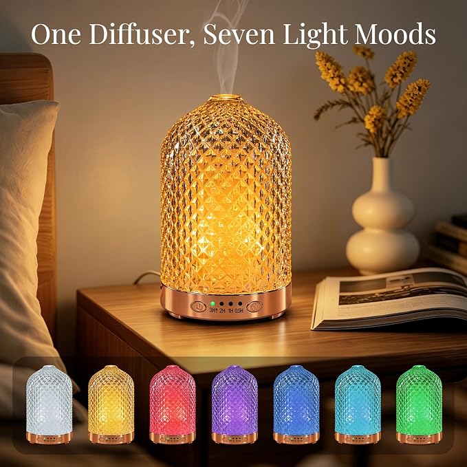 Essential Oil Diffuser, 120ML Glass Aromatherapy Diffuser with 7 Color Lights & Timer, Ultrasonic Small Humidifier with Auto Shut-Off for Home Office Bedroom (Glass-Diamond)