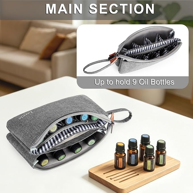 LUXJA Essential Oil Carrying Bag - Holds 9 Bottles (5ml-15ml, Also Fits for Roller Bottles), Portable Organizer for Essential Oil and Small Accessories, Gray