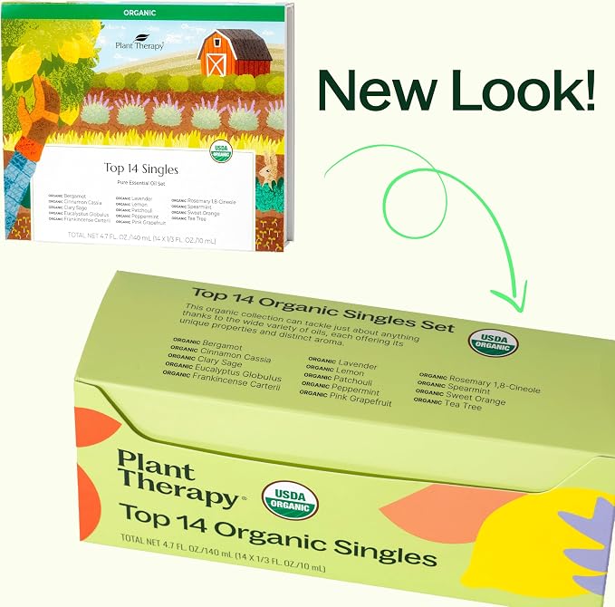 Plant Therapy Top 14 Organic Essential Oil Singles Set 100% Pure Essential Oils, Undiluted, Natural Aromatherapy for Diffusion and Body Care 10 mL (1/3 oz) Each