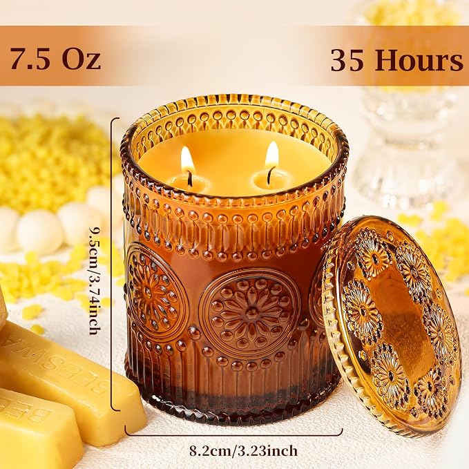 2-Wick Beeswax Candles in Jar, Natural Beeswax Candles in Amber Glass for Air Purification, Honey Aroma Jar Candle for Home Scented Decor, Gift for Women & Men, Fragrance Free, Paraffin Free
