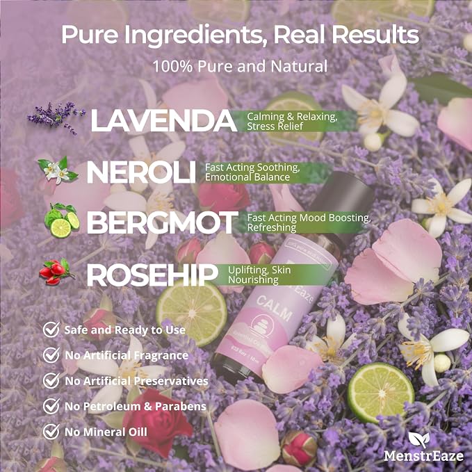 Natural Calm Essential Oil Roll On with Lavender, Neroli, Bergamot, & Rosehip Oil, Stocking Stuffer for Girls and Women, Stress Relief, Long Lasting Emotional Balance, Self Care Gifts for Women, 10ml