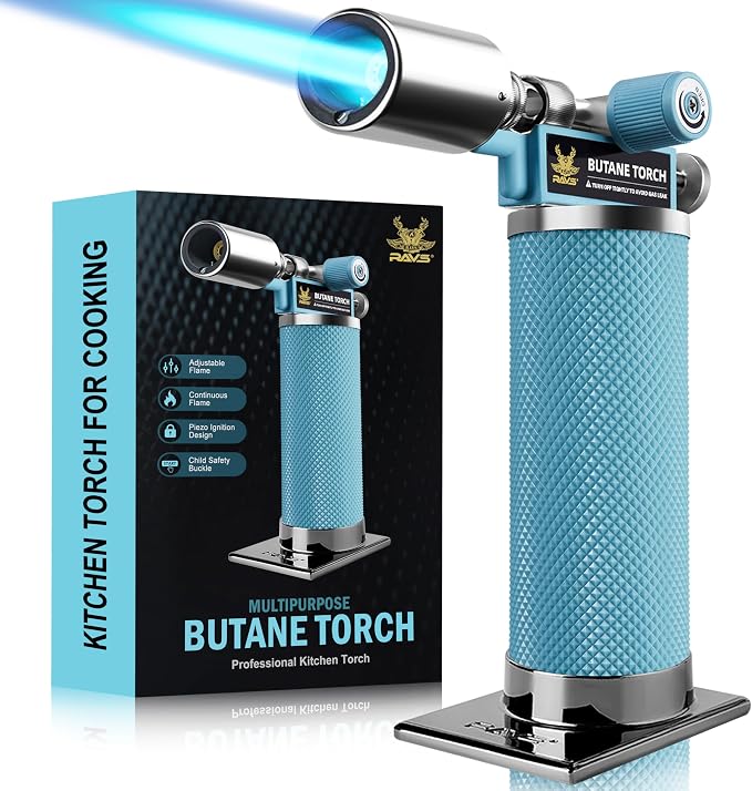 RAVS Butane Torch Lighter, Refillable Kitchen Torch with Adjustable Flame and Safety Buckle, Premium Metal Mini Torch for Baking, Soldering, Resin Art, Blue, Butane Not Included