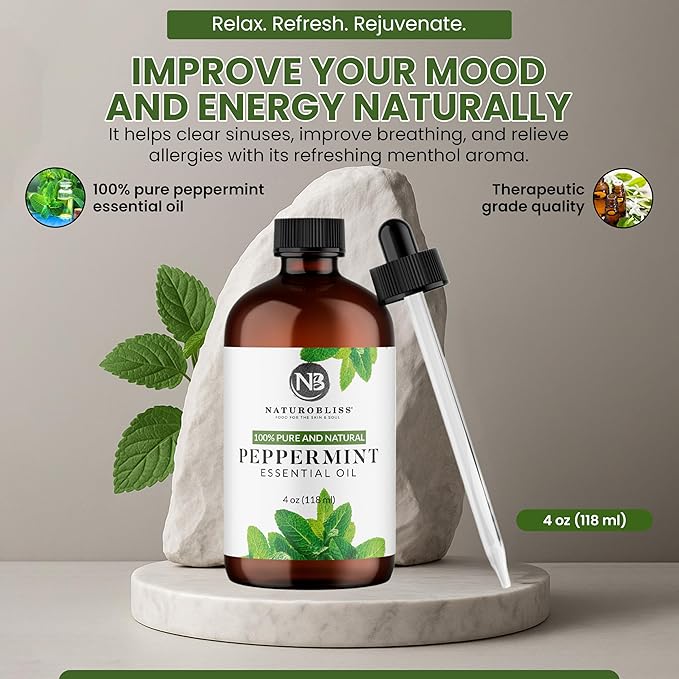NaturoBliss Peppermint Essential Oil, 100% Pure and Natural Therapeutic Grade, Premium Quality Peppermint Oil, 4 fl. Oz - Perfect for Aromatherapy and Relaxation