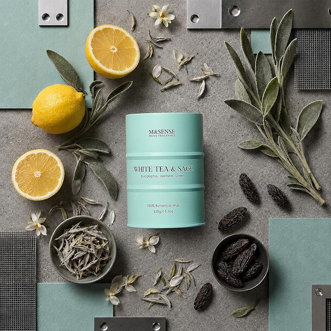 M&SENSE White Tea Sage Scented Candles Natural Non Toxic, Aromatherapy Candle for Stress Relief Meditation Relaxing, Housewarming Gifts for Women Men, 11.3oz 70 Hour Long Burning