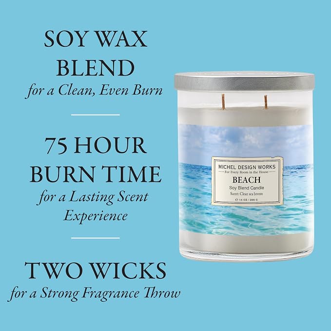 Michel Design Works Beach Scented Candle, 14 oz Soy Blend Dual Wick Candle, Glass Tumbler Jar with Lid, 75 Hour Burn Time, Clean Marine Coastal Home Fragrance Gift