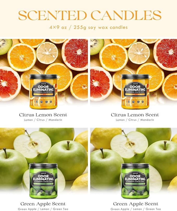 AOOVOO 4 Pack Citrus Lemon/Green Apple Odor Eliminating Highly Fragranced Candle - Eliminates 95% of Pet, Smoke, Food, and Other Smells Quickly, Non Toxic Air Freshing Soy Candle