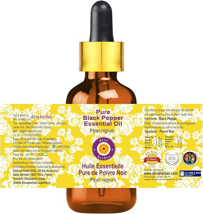 Deve Herbes Pure Black Pepper Essential Oil (Piper nigrum) with Glass Dropper Steam Distilled 50ml (1.69 oz)
