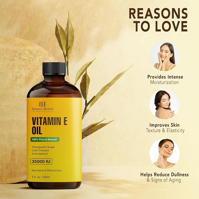 Botanic Hearth Vitamin E Oil 2 Fl Oz |100% Pure and Natural- Cold Pressed & Hexane Free Natural Hair Growth Oil for Eyelashes, Eyebrows, Skin, Body, Face, Nails & Scalp