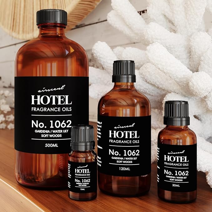 AirScent Hotel Diffuser Oil No. 1062 - Gardenia Water Lily Soft Woods - Premium Fragrance Oil for Ultrasonic and Waterless Diffusers and Crafting - 120 mL, 4 fl oz Glass Dropper Bottle