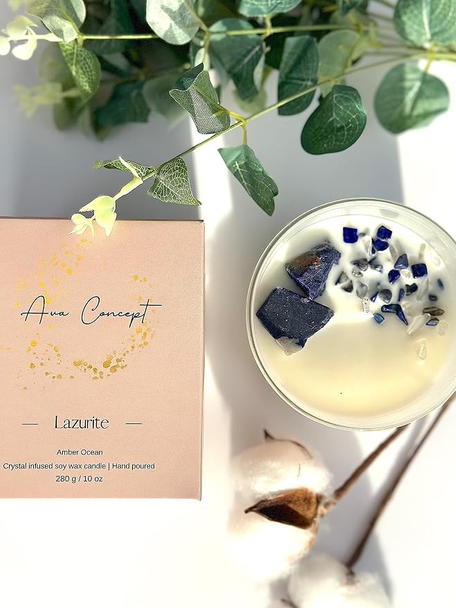 Lazurite Crystal Candle – 10oz / 280g | Amber Ocean Aromatherapy | Hand-Poured Soy Wax | Genuine Lapis Lazuli Healing Crystals Embedded | Power, Wisdom & Luck | Gift Box Included