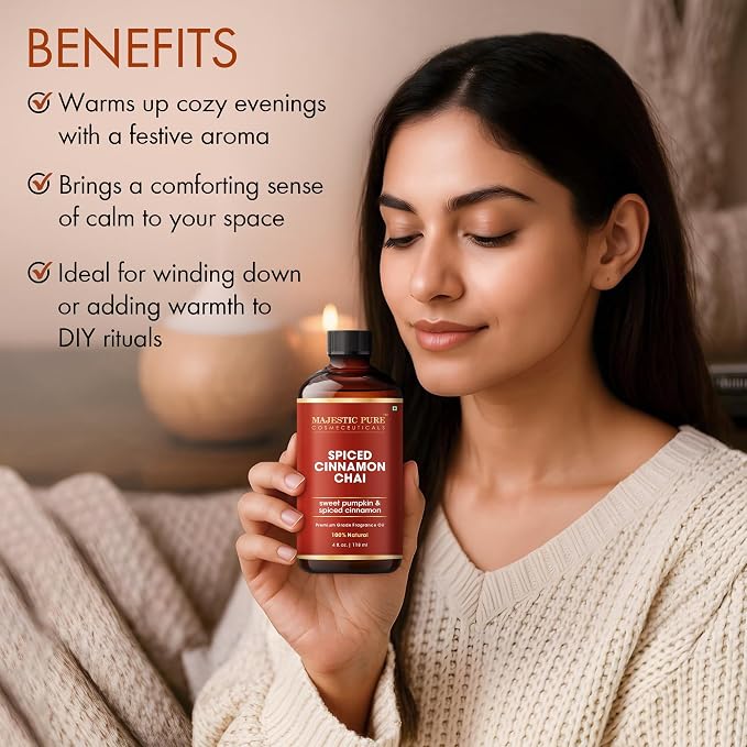 MAJESTIC PURE Spiced Cinnamon Chai Premium Oil | 100% Pure & Natural | Cinnamon, Clove, Pumpkin Oil Used in Diffusers, DIY, Self Care | 4 Fl Oz