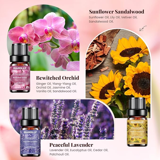 Floral Essential Oils Set - 6 Premium Fragrance Oil for Diffusers, Candle Making, Humidifier - Pink Peony, Wild Rose, Lavender, Sunflower Sandalwood, Bewitched Orchid, White Lily Aromatherapy Oil