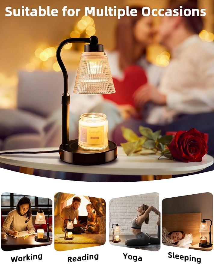 Candle Warmer Lamp for Jar Candles, Height Adjustable & Dimmable with 2/4/8H Timer, 2*50W Halogen Wax Melter Warmer for Home Office Décor, Flameless & Smokeless, Gift for Women Mom, Black-Clear/1 Pack