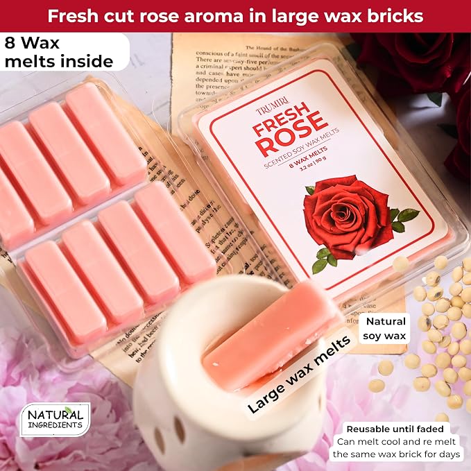 TRUMIRI Fresh Rose Scented Wax Melts - Made with Non Toxic Soy Wax and Essential Oils - Long Lasting Strong Scent Pet Safe Floral Candle Wax Cubes Tarts for Warmers Pack of 4