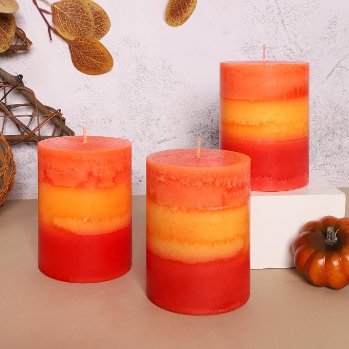 3×4 Inch Orange Pillar Candles, Pumpkin Scented Candles - 35+ Hour Long Lasting Clean Burning, Fall Harvest Celebration Aromatherapy Candles for Thanksgiving Day Dinner Table Décor, Set of 3