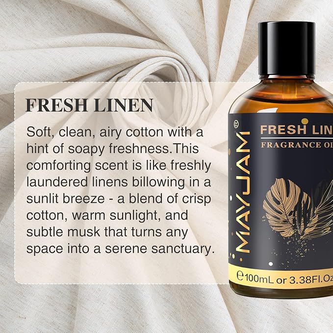 MAYJAM 100ML/3.38FL.OZ Fresh Linen Fragrance Oils with Glass Dropper, Essential Oils for Diffusers for Home, Long Lasting Scented Oils for Diffusers Soap Candle Making
