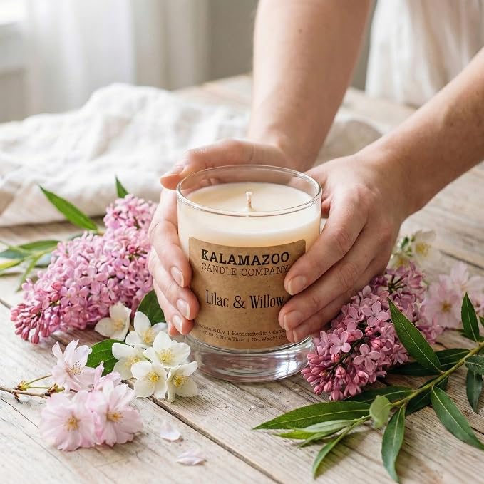 Kalamazoo Candle Company Hand-Poured Soy Wax Candle – 10oz Classic Jar, 60-80 Hour Burn Time – Made in USA, Highly Scented, Phthalate-Free (Lilac & Willow)