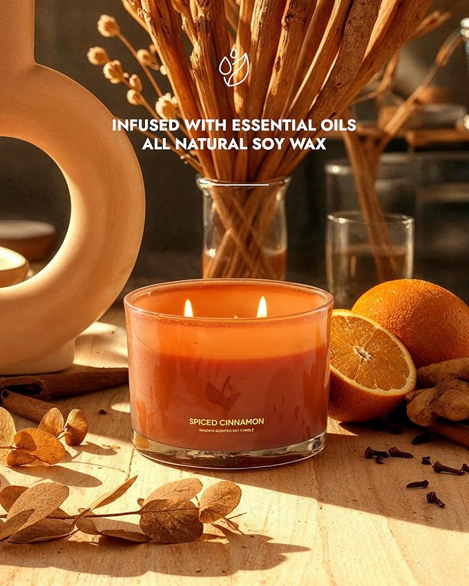 96NORTH Luxury Spiced Cinnamon Candle | Large 3 Wick Jar Candle | Up to 40 Hours Burning Time | 100% Natural Soy Wax | Relaxing Aromatherapy Aesthetic Candles | Housewarming Gift for Men and Women