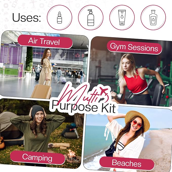 16 Pack Travel Bottles - Travel Essentials for Toiletries - TSA Approved Size - Empty Plastic Bottles with Sticker Sheet, Funnels, Spray Bottle & Carry Bag - For Shampoo, Lotion, Oil & Sanitizer