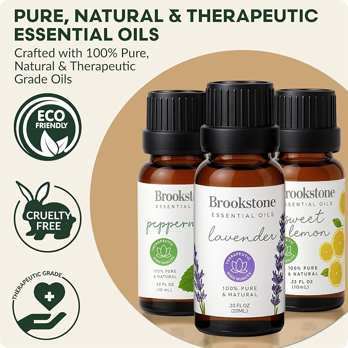 Brookstone Essential Oil Herbal Collection – 100% Pure Steam Distilled Therapeutic Grade Essential Oil Set for Aromatherapy Diffuser and Topical Use | Lemon, Lavender, Peppermint | 3-Pack 10ml Bottles
