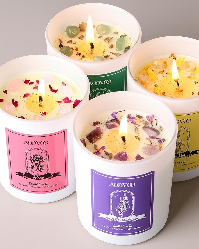 AOOVOO Rose/Vanilla/Eucalyptus/Lavender Scented Candles for Women - Aromatherapy Candle with Crystals Inside, 28oz Soy Candles for Home Scented, Birthday Gifts Mothers Day Candle for Women Mom