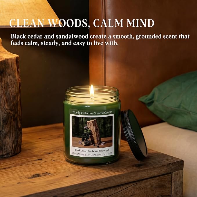 Homsolver Sandalwood Scented Candle, Natural Soy Candles with 50+ Hour Burn, 7oz Black Cedar & Sandalwood with Juniper Jar Candle, Woody Aroma for Home, Bedroom, Office, Calm and Grounded Fragrance