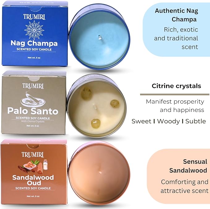 Palo Santo, Nag Champa, Sandalwood Oud - Soy Candles Non Toxic - Highly Scented Long Lasting with Essential Oils - Variety Pack of 3 x 5oz - for Home Aromatherapy Meditation Gift Travel