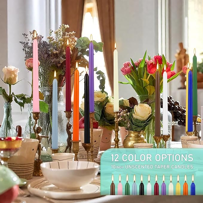 YOROXRG 24 Colored Taper Candles, 7-8 Hours Burn Time, Unscented, Smokeless and Dripless, 0.75 x 10 Inch Dinner Candle Set for Household, Wedding, Party and Home Décor Candlesticks