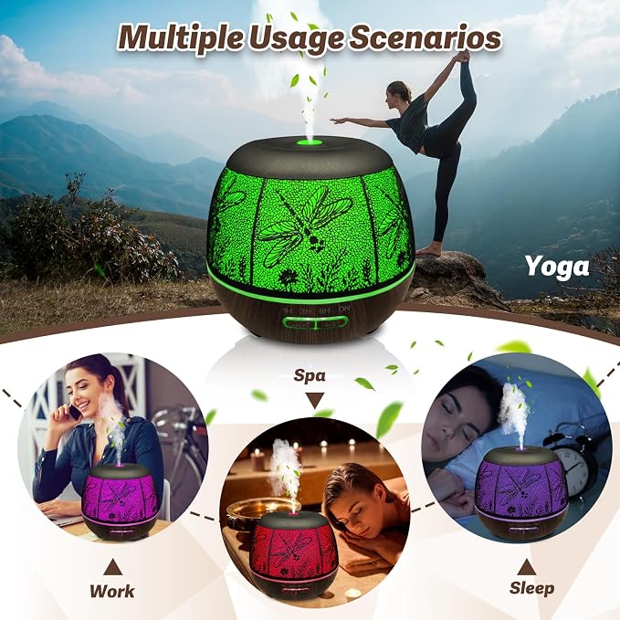 Roonbo Diffusers for Essential Oils Large Room 400ml,Essential Oil Diffuser for Home with R/C,Cool Mist Humidifiers for Bedroom,7 Colors Changed & 3 Mist Mode Waterless Auto Off for Decor Dragonfly