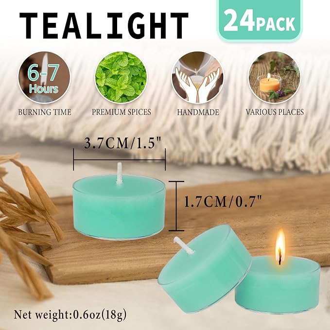 Mint Scented Tealight Candles, Blue Scent Tea Lights Candles Clear Cup, 24 Pack Colored Tealights Candle, 6 Hour Burn Time Tea Candles for Party, Decor, Spa, Shabbat