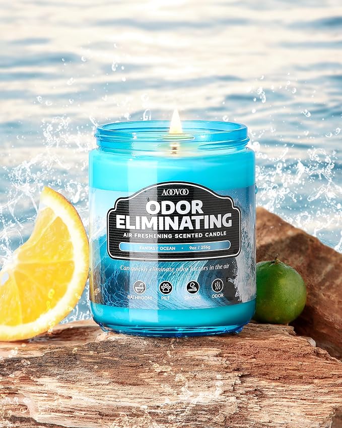 AOOVOO 4 Pack Fantasy Ocean Odor Eliminating Highly Fragranced Candle - Eliminates 95% of Pet, Smoke, Food, and Other Smells Quickly, Non Toxic Air Freshing Soy Candle