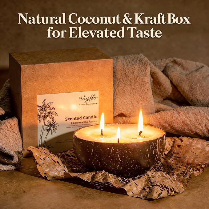 Viyffo Fresh Linen Scented Candle, Large 18oz 3 Wick Non Toxic Soy Candles, Natural Coconut Shell Candles for Home, Clean & Fresh Aromatherapy for Relaxation & Spring Décor, Gift for Women & Men