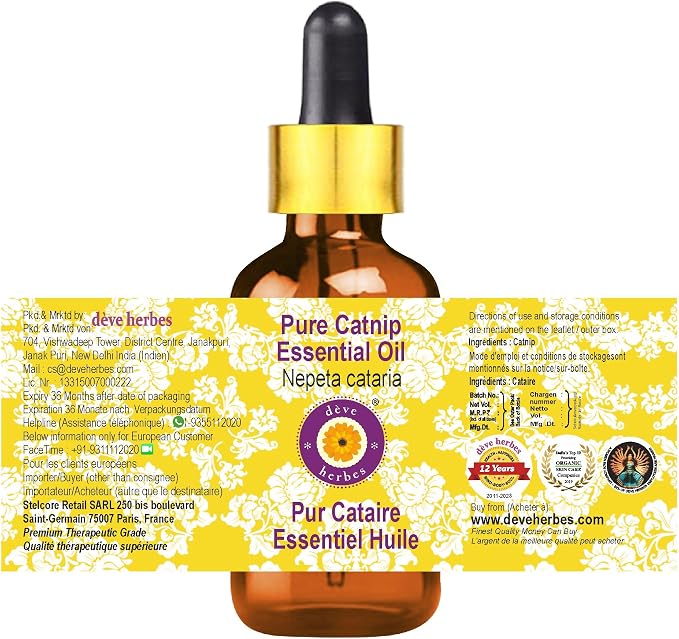 dève herbes Catnip Essential Oil (Nepeta cataria) with Glass Dropper | Pure | Non-Sticky | Non-Greasy | Lightweight | Men & Women | All Skin Types | Steam Distilled 5ml (0.16 oz)