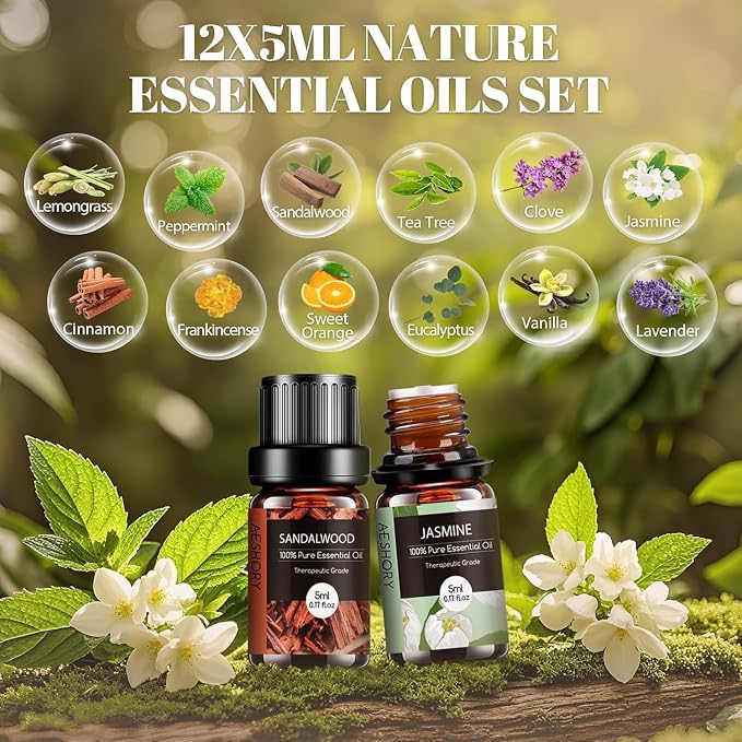 Aromatherapy Diffuser & 12 Essential Oils Set, 500 ML Ultrasonic Diffuser for Home, Cool Mist Humidifier with 14 Colour Changes, Timer and Auto-Off Function