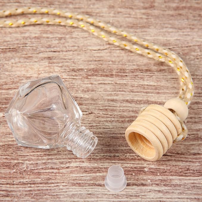 Patelai 12 Pcs 8ml Hanging Car Air Freshener Diffuser Bottle Empty Clear Glass Essential Perfume Oil Aromatherapy Fragrance Perfume Pendant Glass Bottle Decor with Wooden Caps(Classic Style)