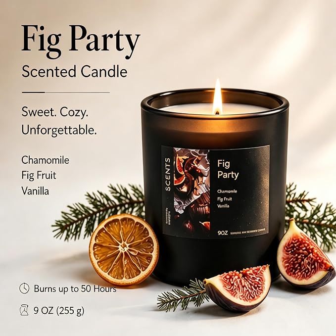 Scented Candle Fig & Fir, Natural Soy Wax Candle, 50 Hour Burn Time, Fruity Gourmand Holiday Candle for Home, Winter Décor, Relaxation & Cozy Nights Fruity Vanilla Wood Scented Candle for Christmas ﻿