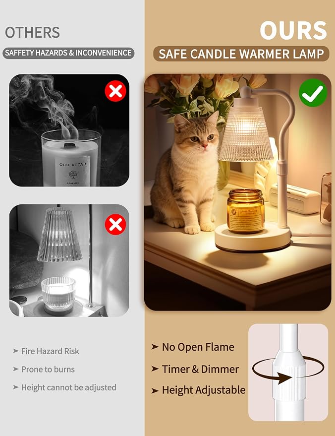 Candle Warmer Lamp for Jar Candles, Height Adjustable & Dimmable with 2/4/8H Timer, 2*50W Halogen Wax Melter Warmer for Home Office Décor, Flameless & Smokeless, Gift for Women Mom,White-Clear/1 Pack
