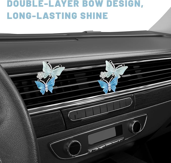 2 PCS Dual Butterfly Diamond Car Air Fresheners, Bling Butterflies Air Conditioning Outlet Clip Fragrance Diffuser, Cute Rhinestone Butterfly Vent Clips for Most Vehicles (Blue)