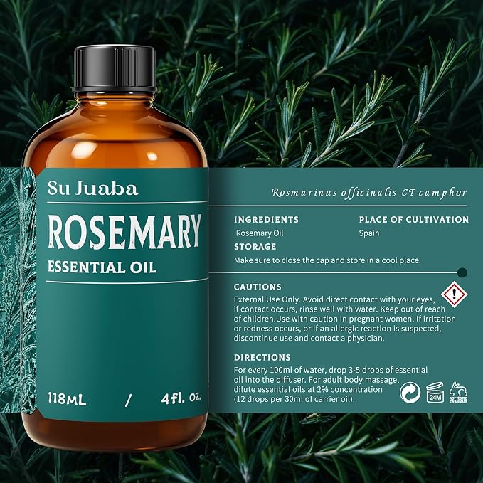 SU JUABA 4 Fl Oz Rosemary Essential Oil, Aromatherapy Oil for Hair Growth, Skin, Nourish Scalp - 118ML