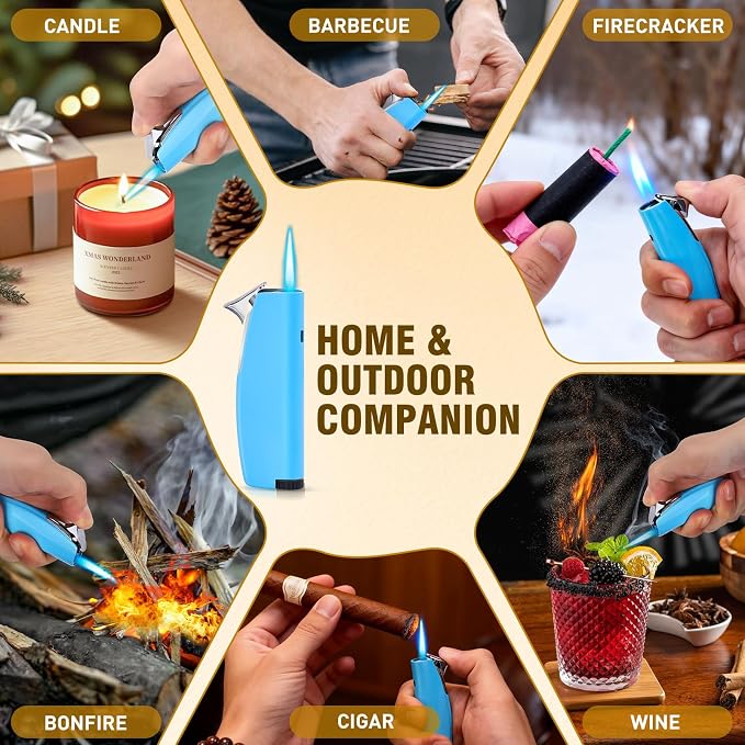 Women's Mini Butane Torch Lighter, Windproof Jet Flame Refillable Adjustable Candle Lighter for BBQ, Camping, Daily Use, Ideal Gift, 2 Pack (Blue, Butane Not Included)