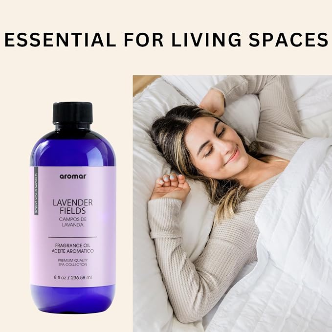 AROMAR Premium Fragrance Oil, Long-Lasting, Refreshing Uplifting Aroma for Aromatherapy, Relaxation & Household Uses. Lavender Fields - 8oz