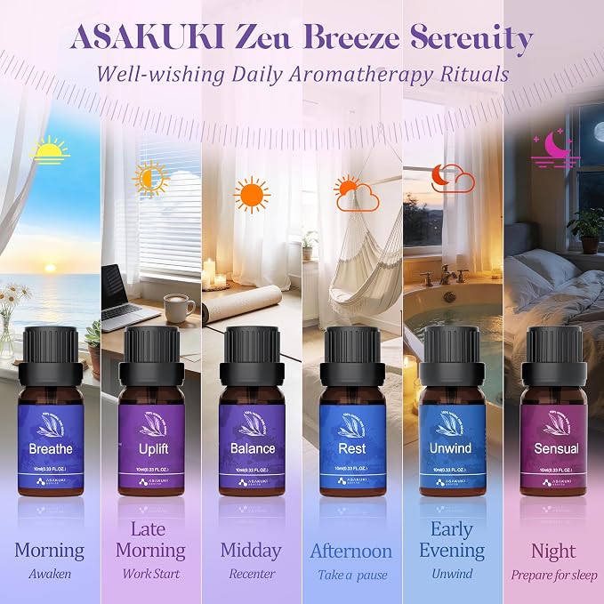 ASAKUKI Essential Oils for Diffuser –6 Mood Essential Oil Blends (Breathe, Uplift, Sensual, Balance, Unwind, Rest) for Morning to Night Rituals, Home & Daily Use-Thoughtful Gift