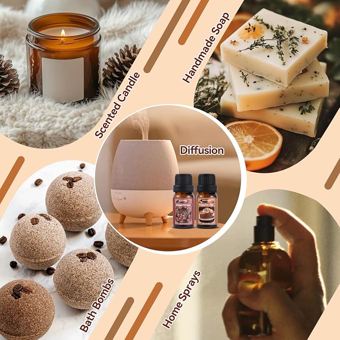 Spice Fragrance Oils Set, AVEOIRA Fall Essential Oil Set for Diffuser, Candle, Soap Making, Nutmeg, Pumpkin Spice, Vanilla, Cinnamon, Spiced Cider, Gingerbread, Scented Oils, 6x10ml