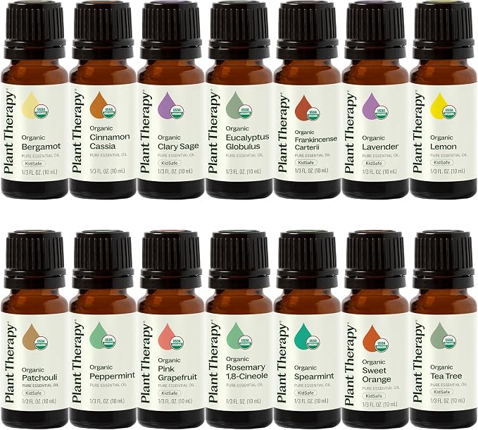 Plant Therapy Top 14 Organic Essential Oil Singles Set 100% Pure Essential Oils, Undiluted, Natural Aromatherapy for Diffusion and Body Care 10 mL (1/3 oz) Each