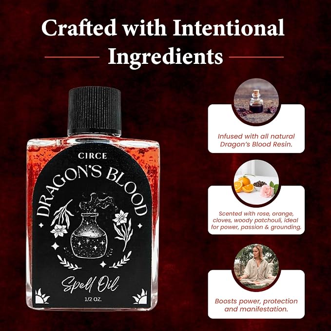 CIRCE Dragon’s Blood Spell Oil- Ritual & Intention Oil to Strengthen Your Space, Grounding & Personal Alignment, Wear as Fragrance or Add to Bath - Coconut Oil with Dragon’s Blood Resin & Cedar 1/2 oz
